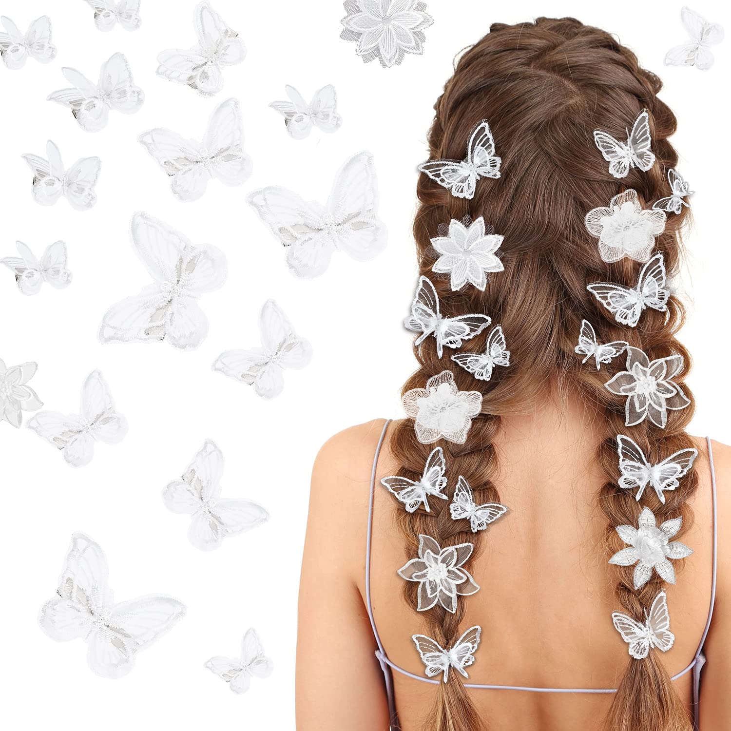 19 Pieces Butterfly Hair Clip Wedding Flower Hair Clip Embroidery Flower Hair Pins Lace Butterfly Hair Bows Wedding Hair Clips for Cosplaying Women Girls Teens (White, Basic Style)