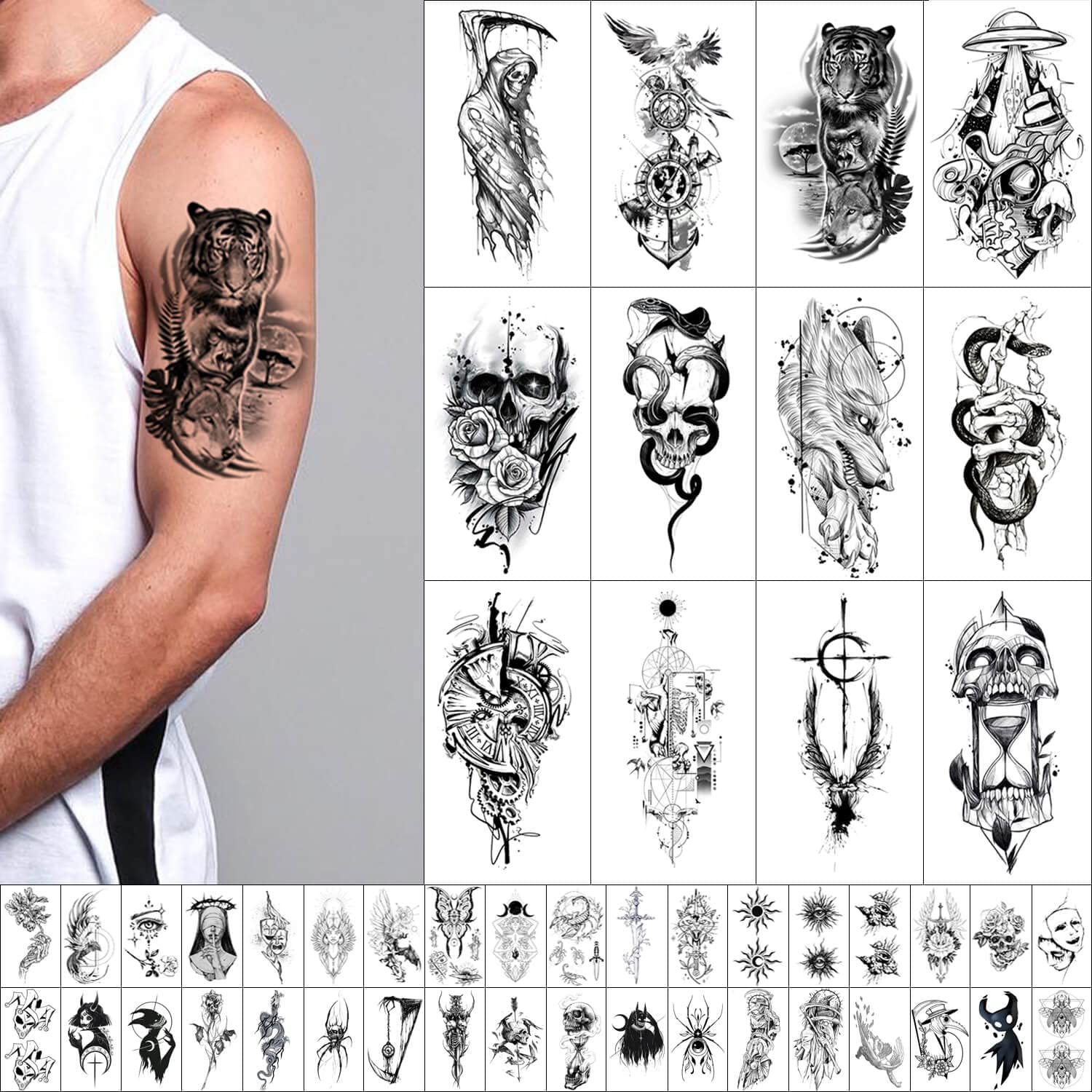 GLARYYEARS Temporary Tattoo for Men, 48-Pack 12 Large 36 Small Fake Tattoos, Long-lasting Realistic Tattoo Stickers, Cool Skull Snake Death Designs for Adults Women, Black Body Half Arm Tattoos