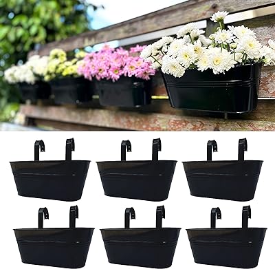 LaLaGreen Outdoor Plants Rail Planter Plants (6 Pack, 11.2 Inch) Black Metal Iron Hanging Flower Pots Deck Railings Fence Buckets Modern Style Wall Mount Window Box Plant Holder with Hooks Porch Decor