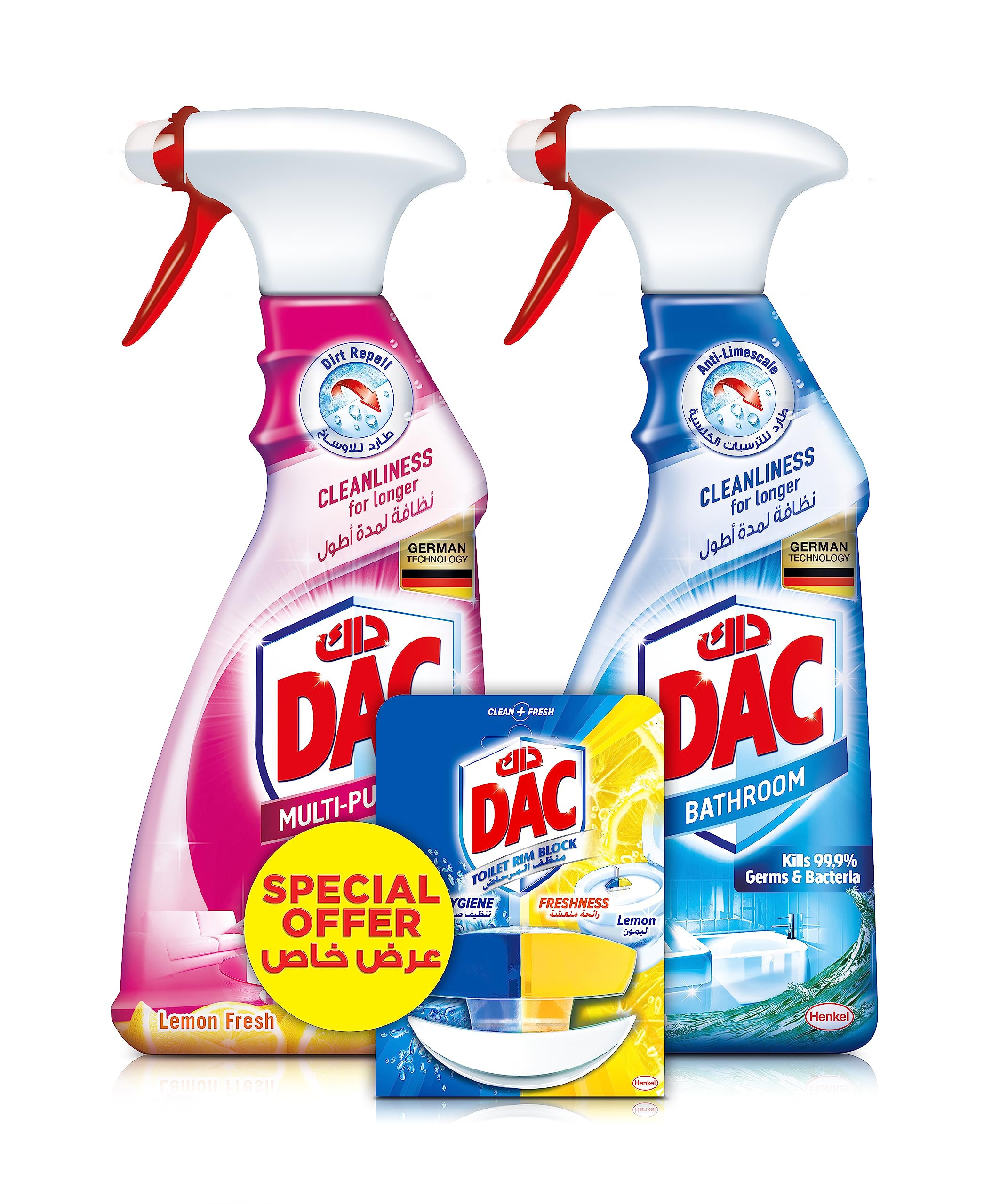 DAC Multi-Purpose Cleaner Trigger Spray, Rose, 500Ml + DAC Bathroom Cleaner Trigger Spray, Ocean Breeze, 500Ml + DAC Duo Active Toilet Rim Block, Lemon, 50 Gm (Pack of Three)