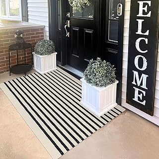 KILOCOCO Beige Striped Rug - 3'X5' Front Door Mat Outdoor, Welcome Mats Rug Outdoor, Cotton Washable Front Porch Rug Layer...