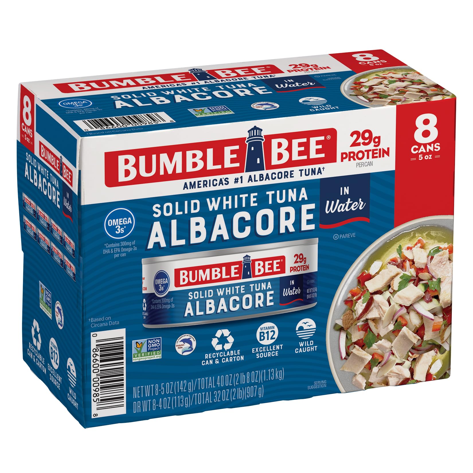 Bumble BeeSolid White Albacore Tuna in Water, 5 oz Can (Pack of 8) - Wild Caught Tuna - 29g Protein per Serving, High in Omega-3s - Non-GMO Project Verified, Gluten Free, Kosher