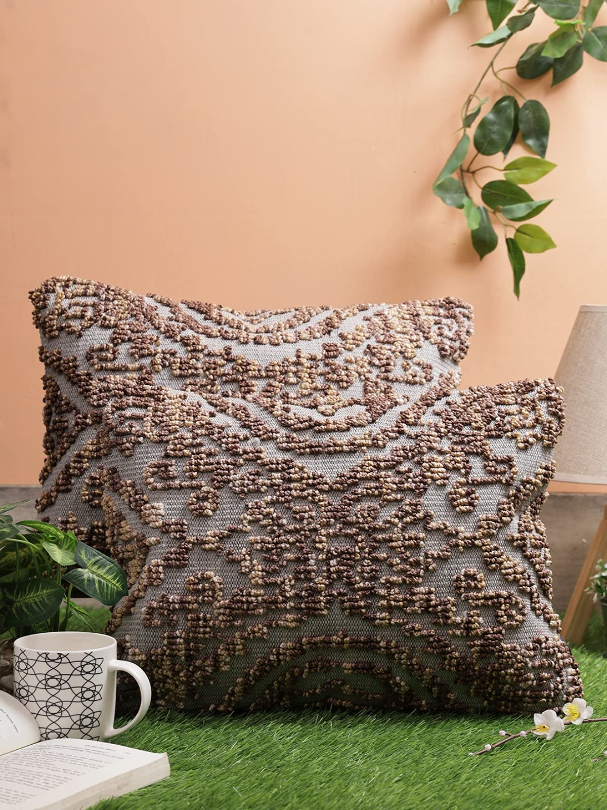 ROMEE Cotton Tufted Pillow Cushion Cover Hand Woven, Abstract Pattern for Living Room, Sofa Chair (12 X 18 Inches, Brown & Grey, Pack of 2)