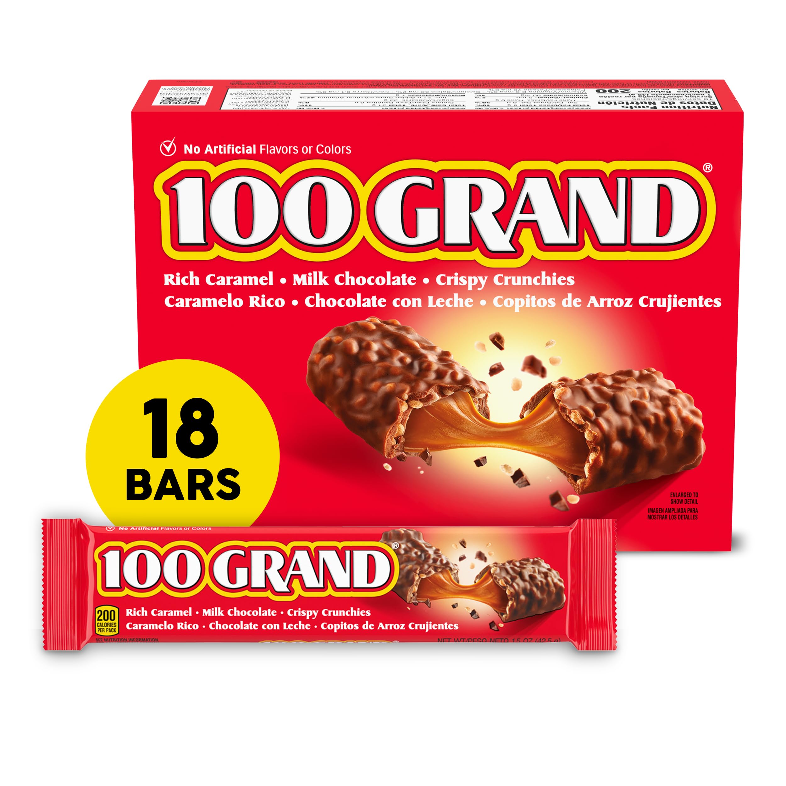 100 Grand Crispy Milk Chocolate with Caramel, Full Size Individually Wrapped Candy Bars, 1.5 oz each, Bulk 18 Count Box