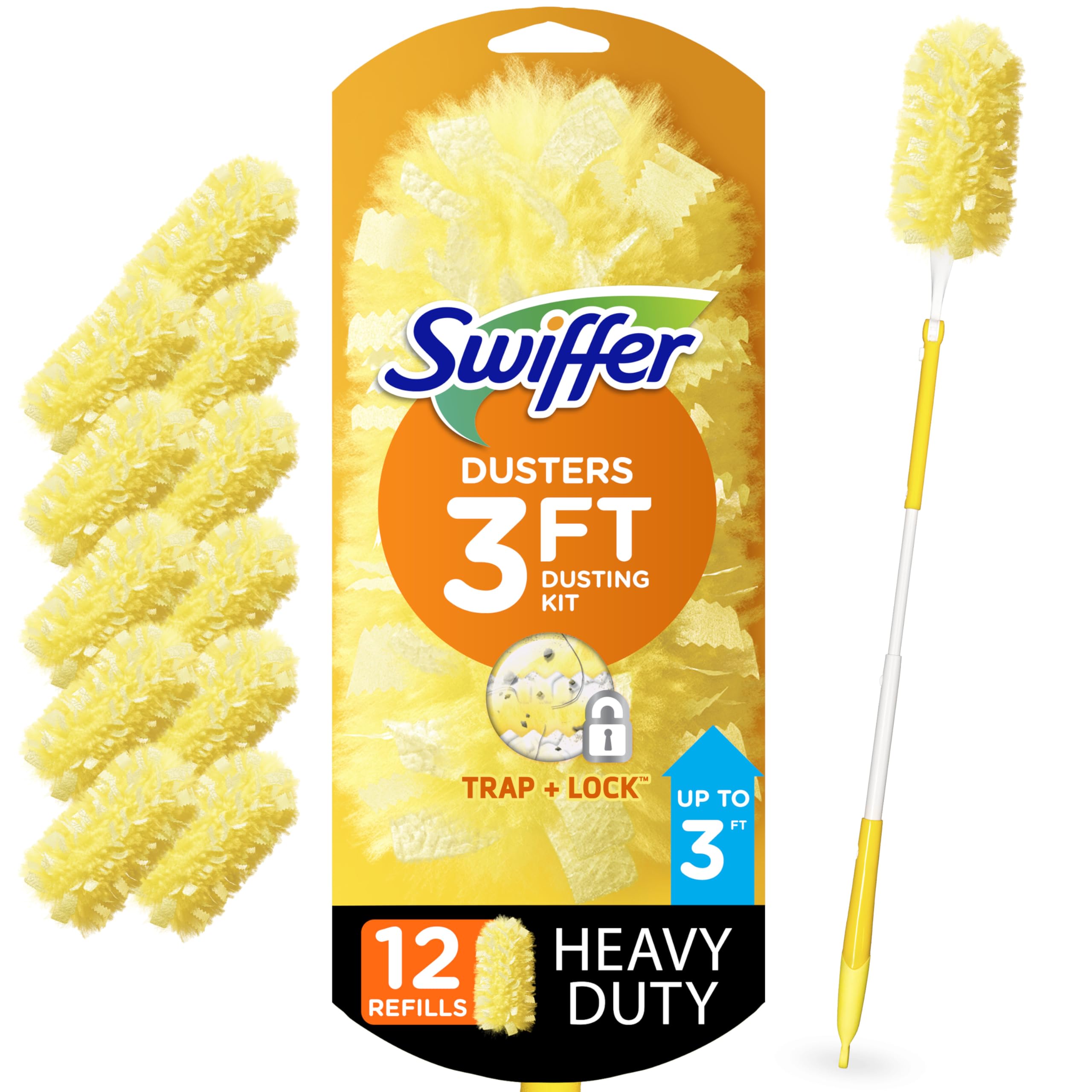 SwifferDuster Heavy Duty Dusting Kit, Cleaning Supplies, 3 ft Extended Handle, 1 Duster, 12 Refills