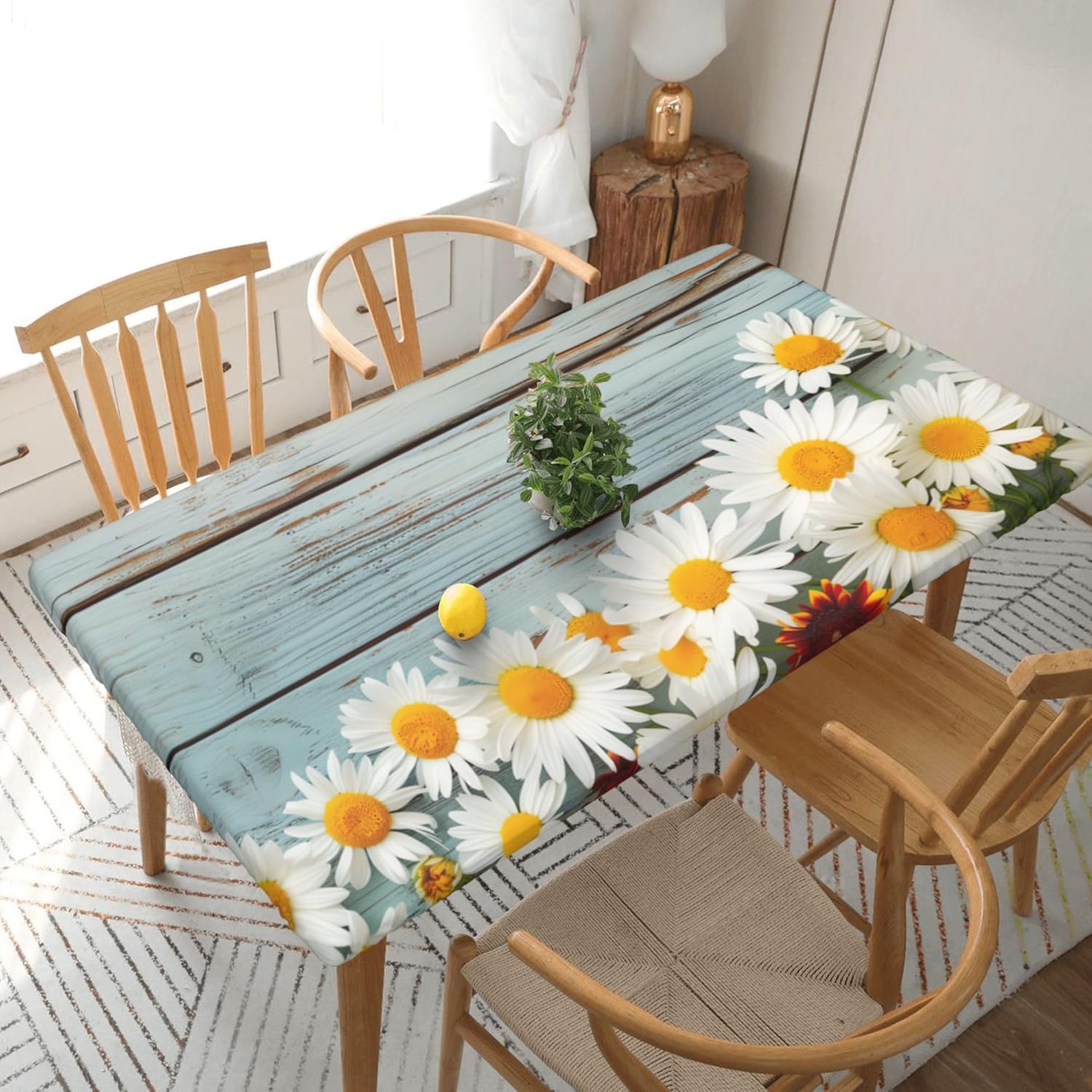 Amazon.com: GTEVUTS White Daisies Blue Wood Rustic Rectangle Tablecloth ...