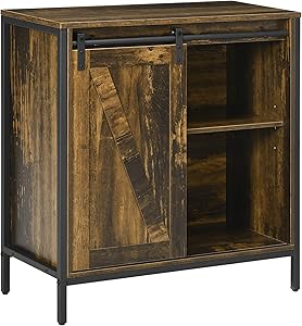 HOMCOM Farmhouse Sideboard Buffet Cabinet, Coffee Bar Cabinet with Sliding Barn Door and Adjustable Shelf, Kitchen Storage Cabinet with Metal Frame, Rustic Brown