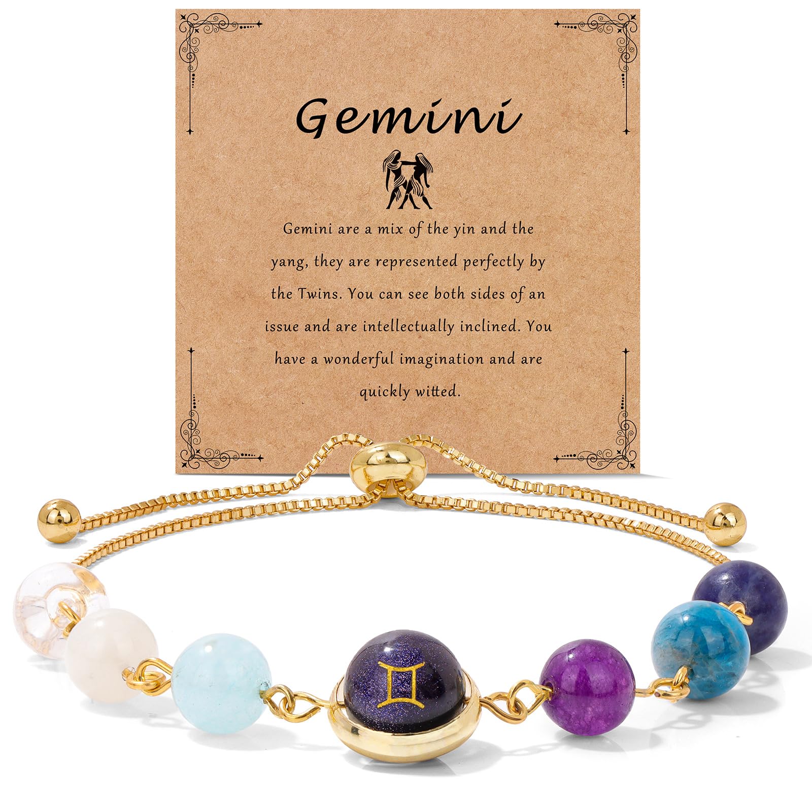 Raicegs Crystal Bracelets for Women 18K Gold Plated Bracelets Gemini Gifts Healing Zodiac Bracelets for Women Natural Stone Zodiac Sign Bracelets Gemstone Beads Constellation Horoscope Jewelry for Women Birthday Gifts