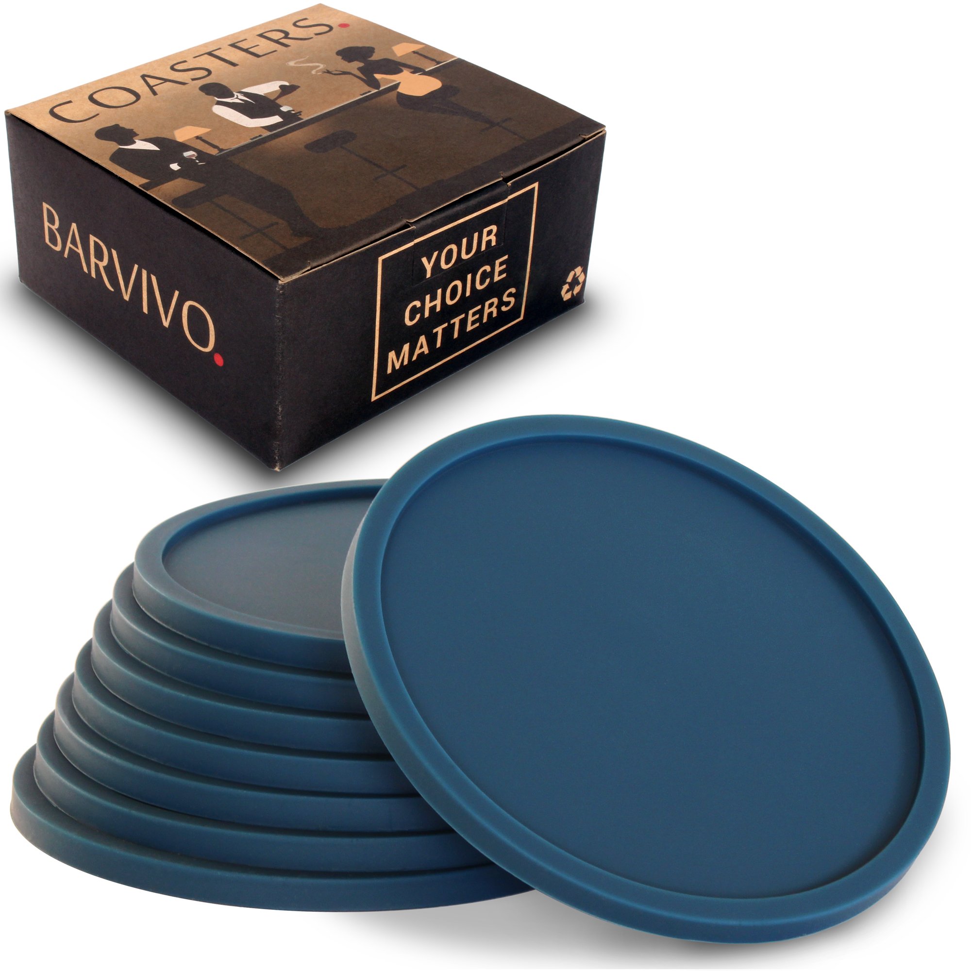 Barvivo Drink Coasters Set of 8 - Tabletop Protection for Any Table Type, Wood, Granite, Glass, Soapstone, Marble, Stone Tables - Perfect Blue Soft Coaster Fits Any Size of Drinking Gl.