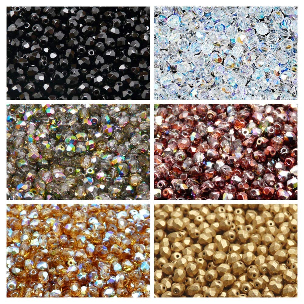 Czech Faceted Glass Beads Fire Polished Round 4mm Six Colours Only 600 beads Set 4S FP 602 (4FP001 4FP002 4FP003 4FP014 4FP028 4FP085)