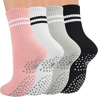 Toes Home Pilates Socks for Women with Non Slip Grippers, Yoga Crew Socks for Barre Hospital Sticky Slipper Socks 4 Pairs