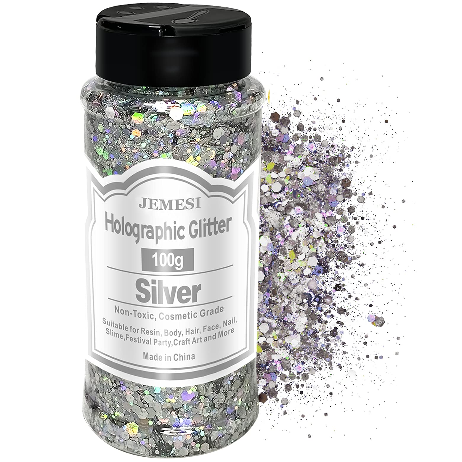 JEMESI Holographic Chunky Glitter, 100g Silver Cosmetic Craft Glitter for Epoxy Resin, Nail Sequins Iridescent Flakes, Body, Face, Hair, Nail, Glitter Slime Making