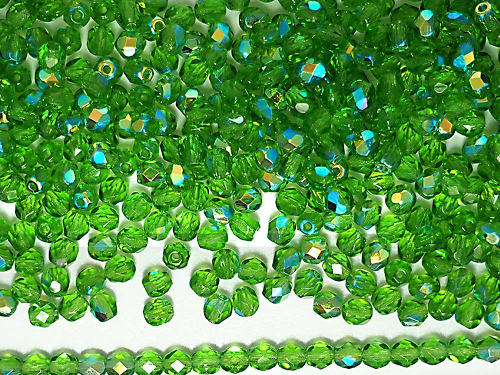 6mm, 300pcs, Peridot AB Coated, Czech Fire Polished Round Faceted Glass Beads