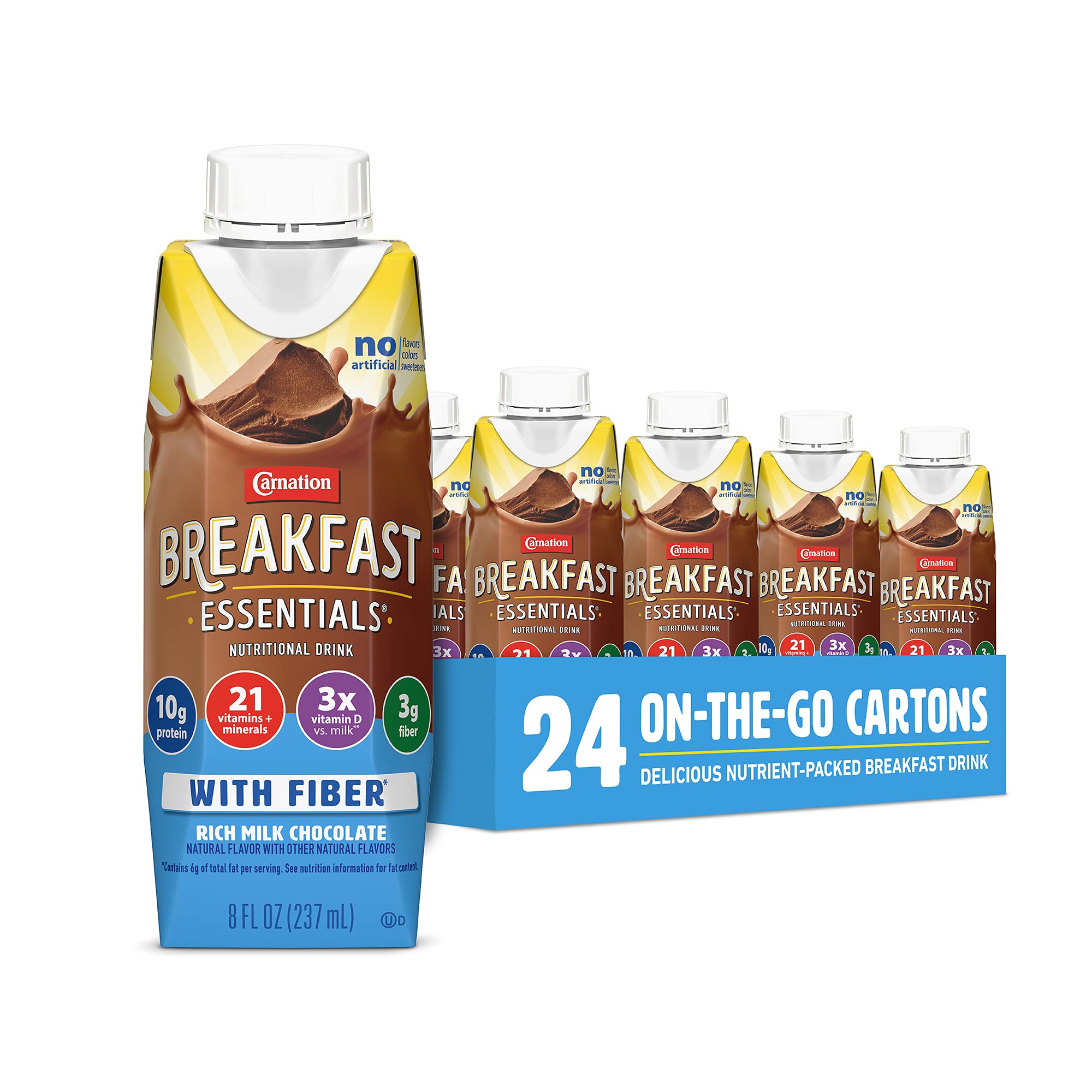 Carnation Breakfast EssentialsReady to Drink with Fiber, Rich Milk Chocolate, 8 FL OZ Carton (Pack of 24) (Packaging May Vary)