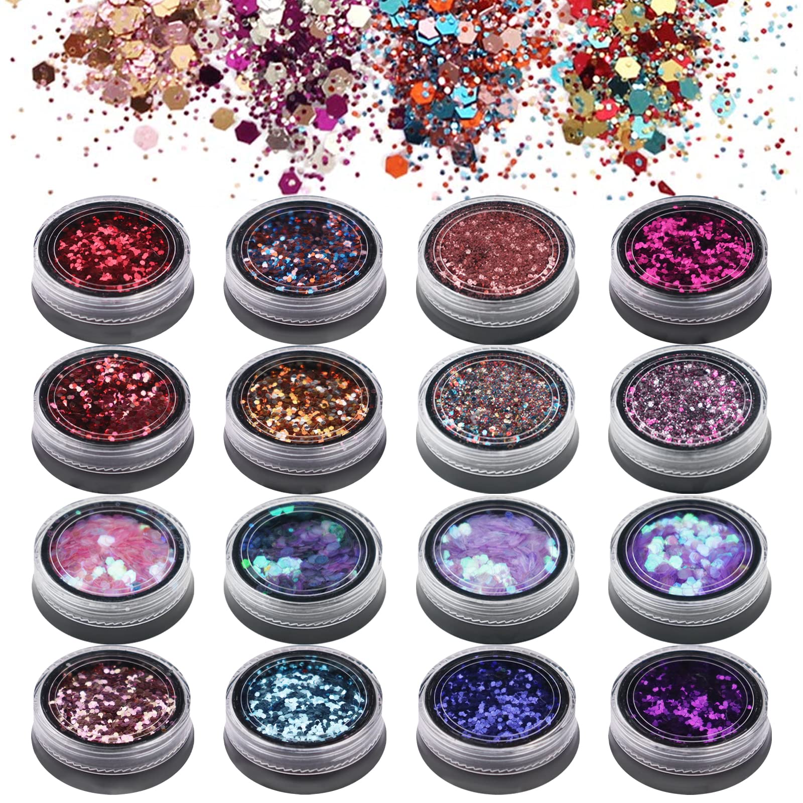 GCOA Face Glitter Chunky Glitters - 16 Boxes Sequins Iridescent Flakes Colorful Mixed Paillette Makeup Face Body Hair Nail Art Decoration(10ml)