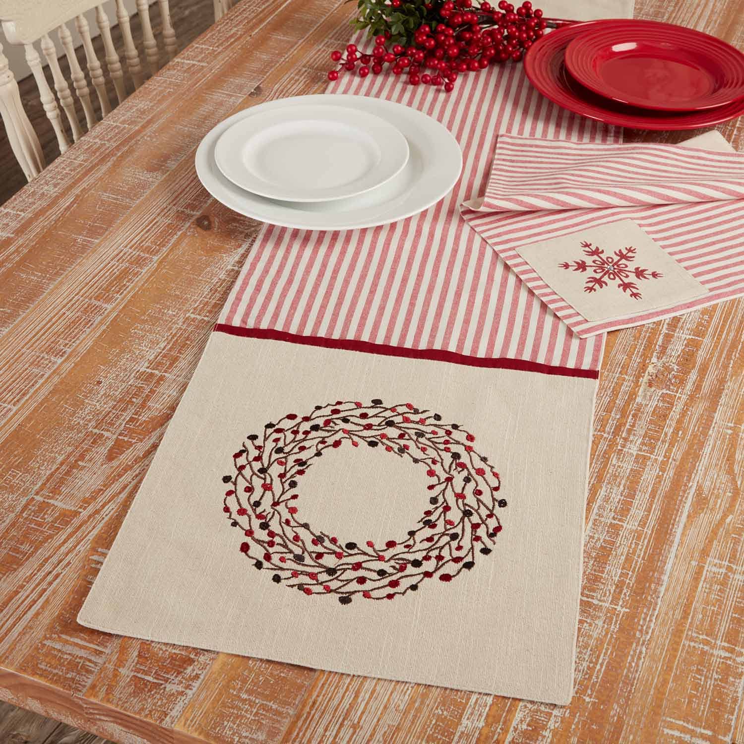 Piper Classics Market Place Natural Christmas Wreath Runner, 13" W x 72" Long, Red Ticking Stripes with Stencilled Red Holiday Wreath on Beige Cream Patch at Ends