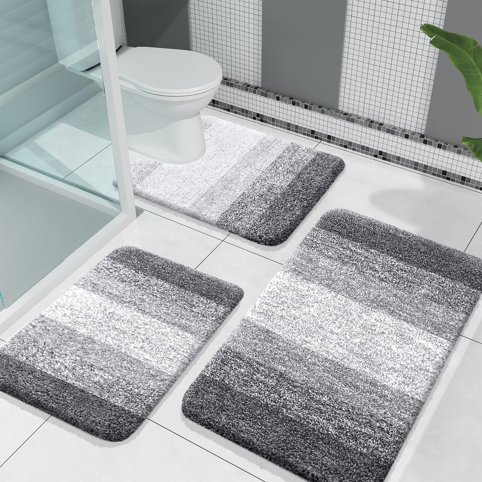 OLANLY Bathroom Rugs Sets 3 Piece, Soft Absorbent Microfiber Bath Rugs and U-Shaped Contour Toilet Rug Area Rug Set, Non-Slip Bath Carpet, Home Decor Accessories, Bath Mat Set for Bathroom, Grey