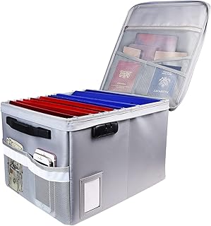 File Box with Lock, Fireproof Document Box File Organizer Box, Portable Office Collapsible File Storage with Reflective St...