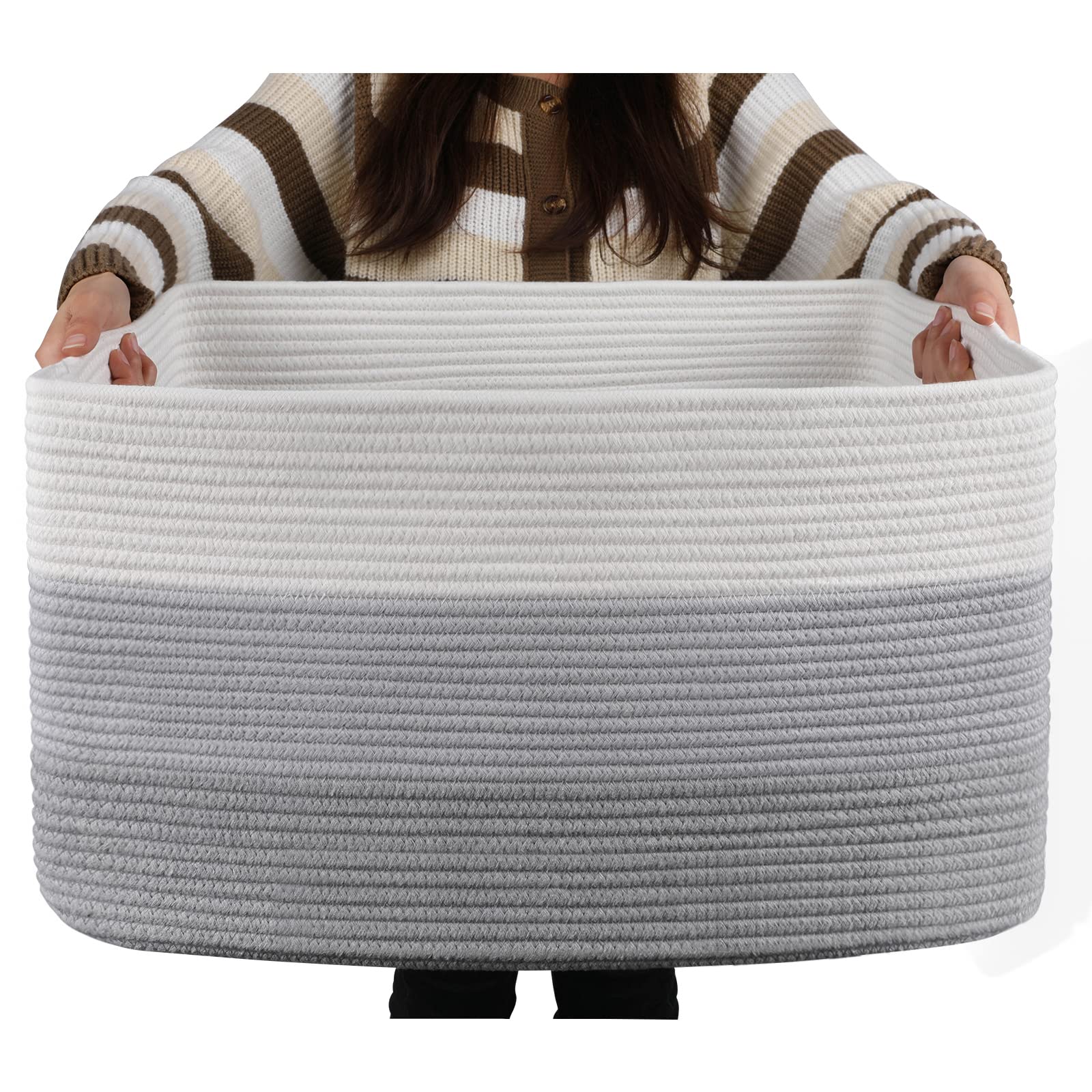 OIAHOMY Large Blanket Basket, Rectangle Woven Baskets for Storage, Nursery Blanket Basket Living Room, Toy Basket With Handle, Large Baskets for Organizing-22”x17”x12”-Gradient Grey