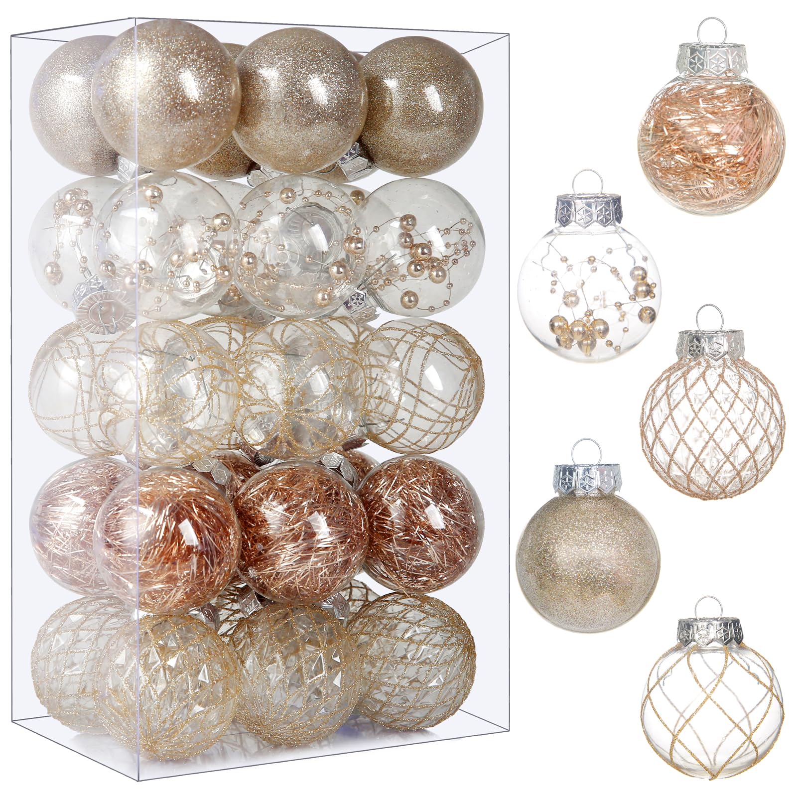 BSTDECOR Clear Plastic Christmas Ball Ornaments, 30ct 2.36 Inch Champagne Balls for Tree Decoration - Shatterproof for Holiday Wedding Party Gifts