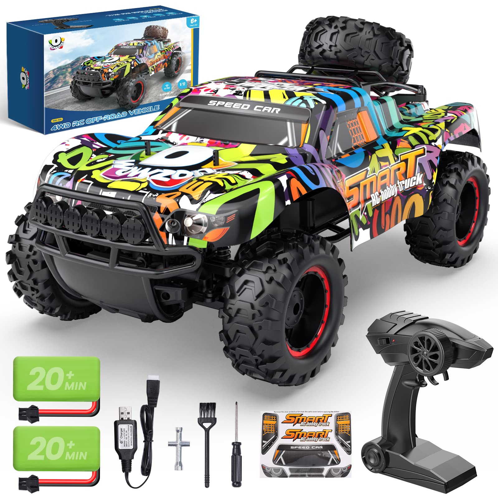 1:12 Scale Short-Course RC Truck Large 4WD Hobby Crawler Grade Replaceable Spare Tire All Terrains Monster Crawler 2 Rechargeable Batteries for Age 6+ Boys Kids and Adults