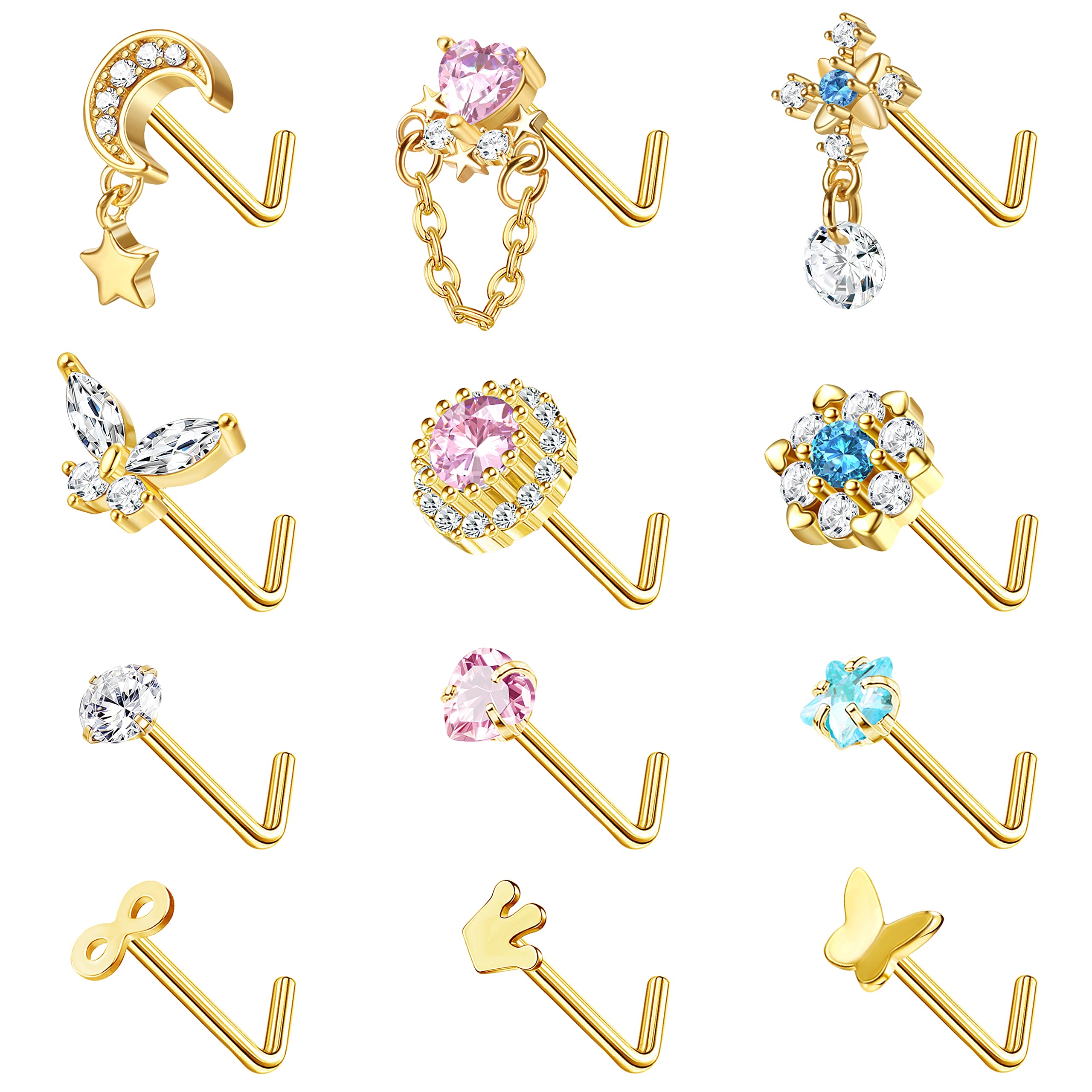 12Pcs 20G Nose Rings Nose Studs L Shaped Corkscrew Dangle Nose Rings for Women Men Stainless Steel Nose Piercing Jewellery CZ Heart Moon Butterfly Nose Rings Studs Gold, Silver Tone