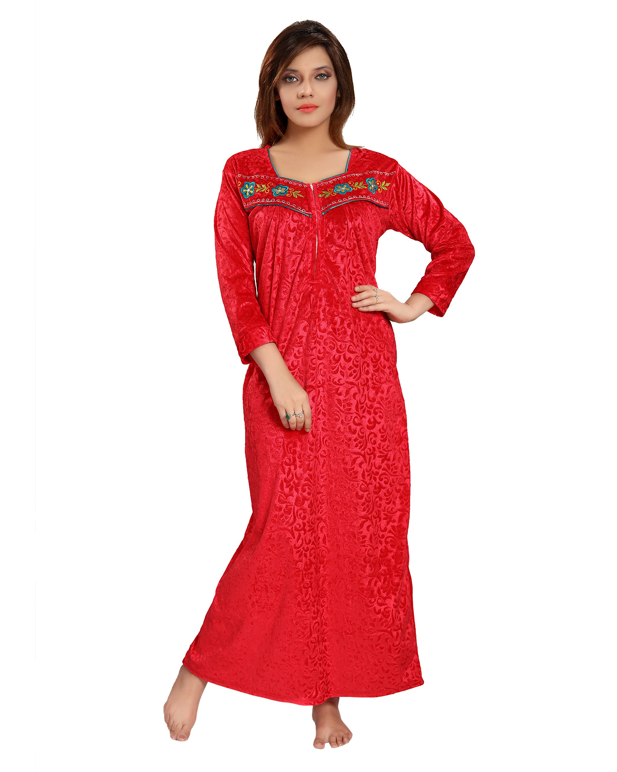 Romaisa Women's Velvet Embroidered Maxi Length Nightgown (Free Size)