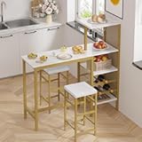 VECELO Bar Table and Chairs Set for 2&comma; 3-Piece Dining Set with Storage Shelves&comma; Cup Holder & Wine Rack&comma; PU Leather Cushion Stools&comma; for Kitchen Small Space&comma; Gold