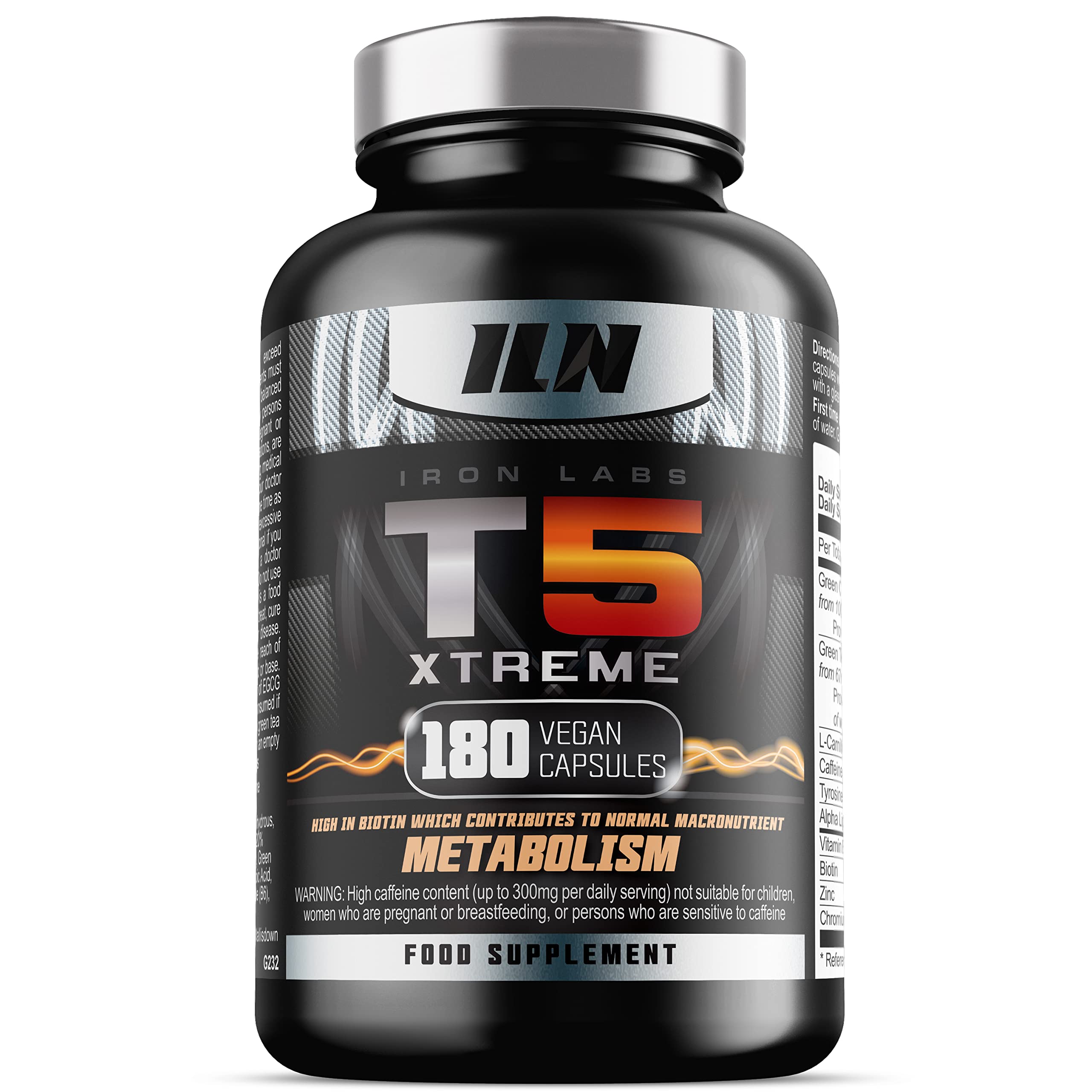 Iron Labs T5 Xtreme for Men and Women – Keto Diet Friendly – Plus Green Tea Extract, L Carnitine and Caffeine – High in Chromium for Macronutrient Metabolism – 180 Vegetarian Capsules