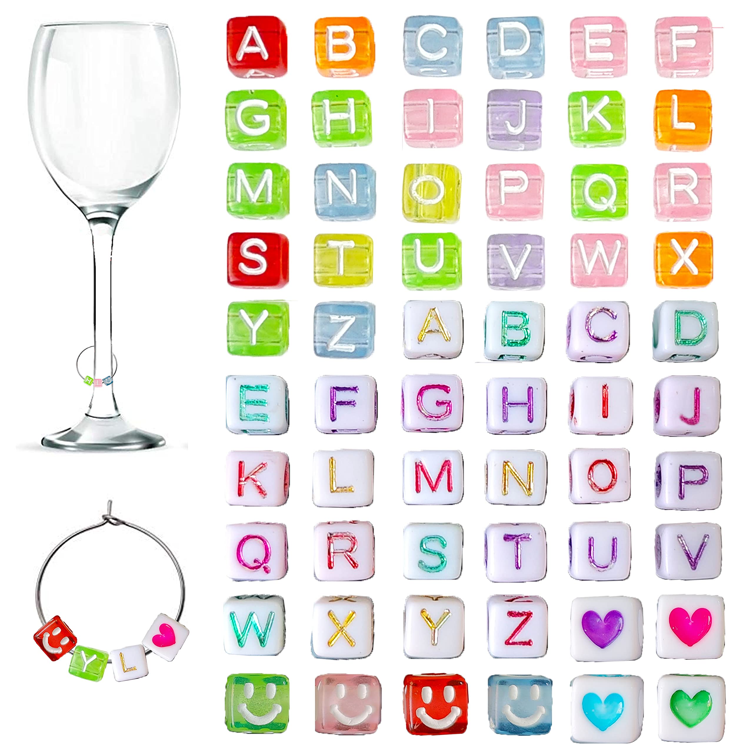 CNYMANY 360 pcs Wine Glass Charms, 300pcs Square Alphabet Beads Heart Goblet Drink Markers Tags with 60pcs Buckles, for Wine Cocktail Champagne Tasting Party Favors Decoration Supplies Gifts