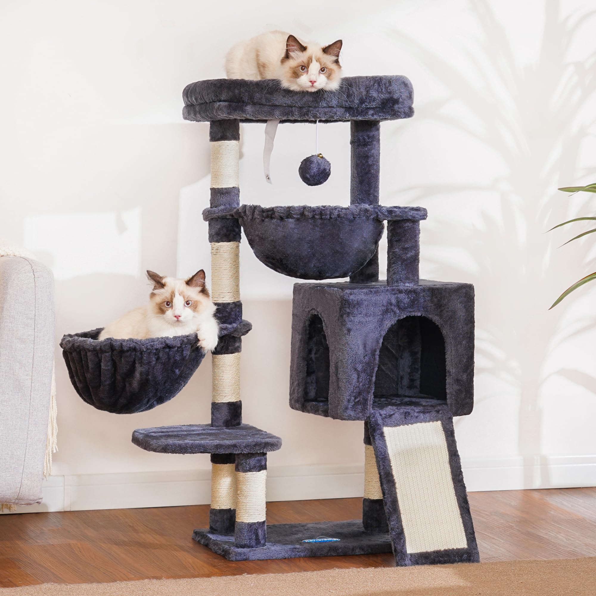 Hey-brother Cat Tree, Cat Tower for Indoor Cats, Cat House with Large Padded Bed, Cozy Condo, Hammocks, Sisal Scratching Posts, Big Scratcher, Smoky Gray MPJ006SG