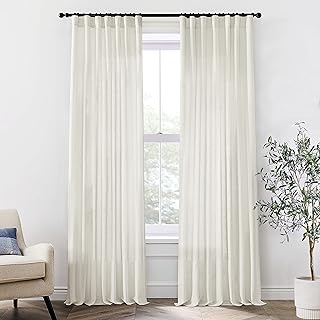 120 Inch Long Linen Curtains,Mount with Back Tab Hooks Belt for Rail Track,Light Filtering Semi Sheer Large Tall Window Hi...