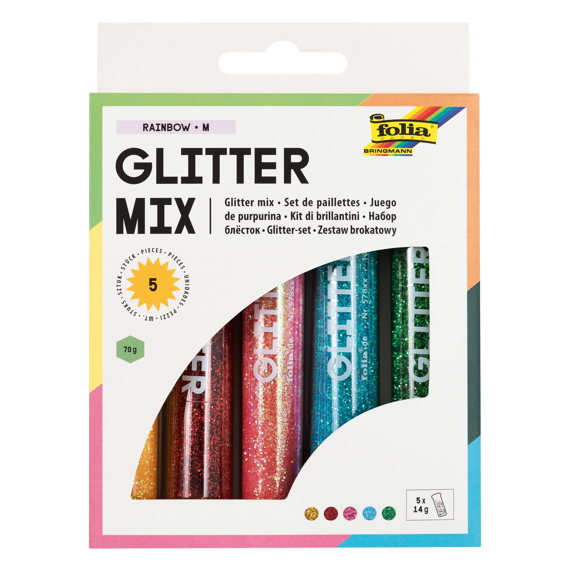 folia 57802 Glitter Set with 5 Tubes of 14 g Glitter Powder - Ideal for Decorating and Sprinkling Your Crafts