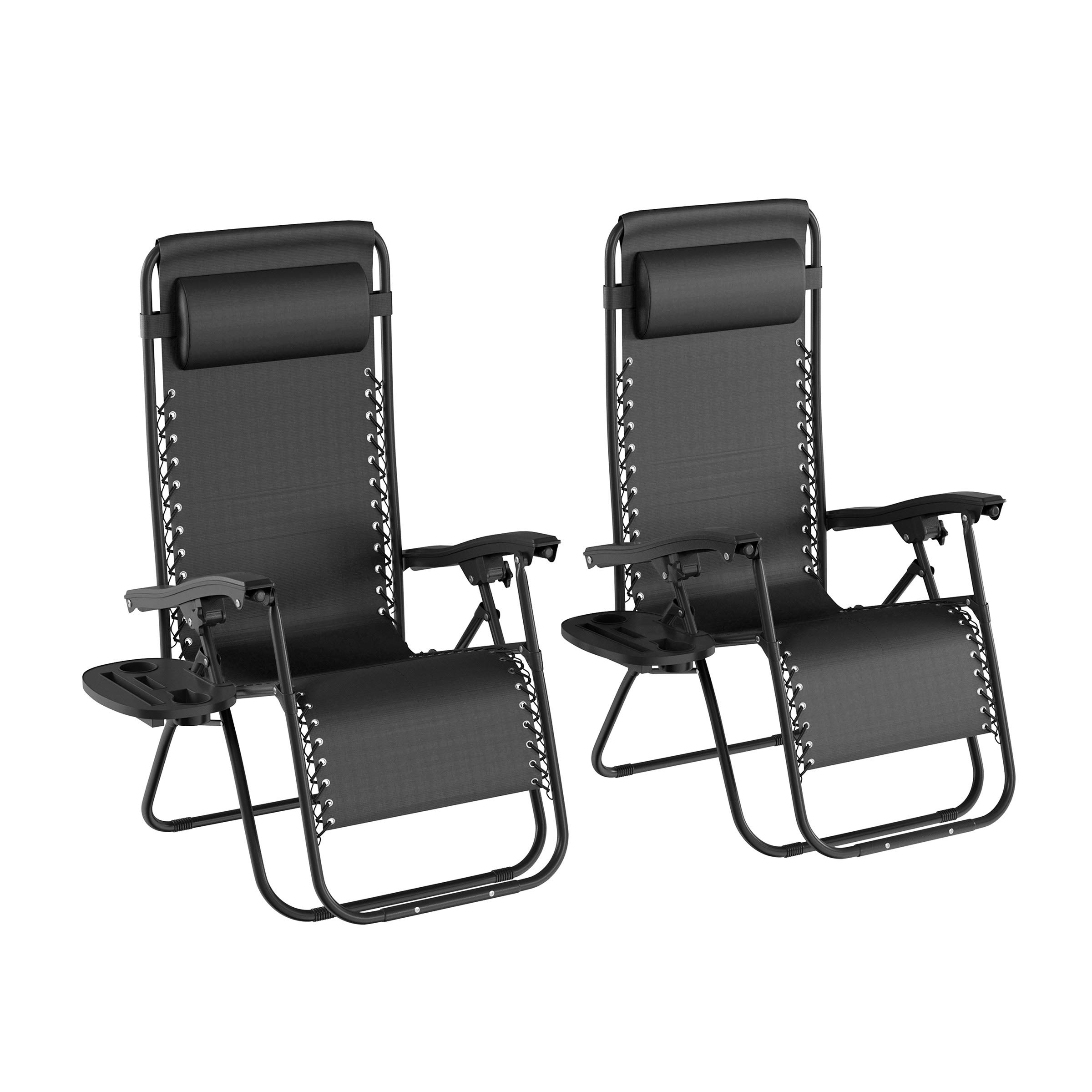 Lavish Home Set of 2 Zero-Gravity Chairs - Folding Patio Furniture - Outdoor Recliners with Side Table, Cup/Phone Holder, and Chair Pillow (Black)