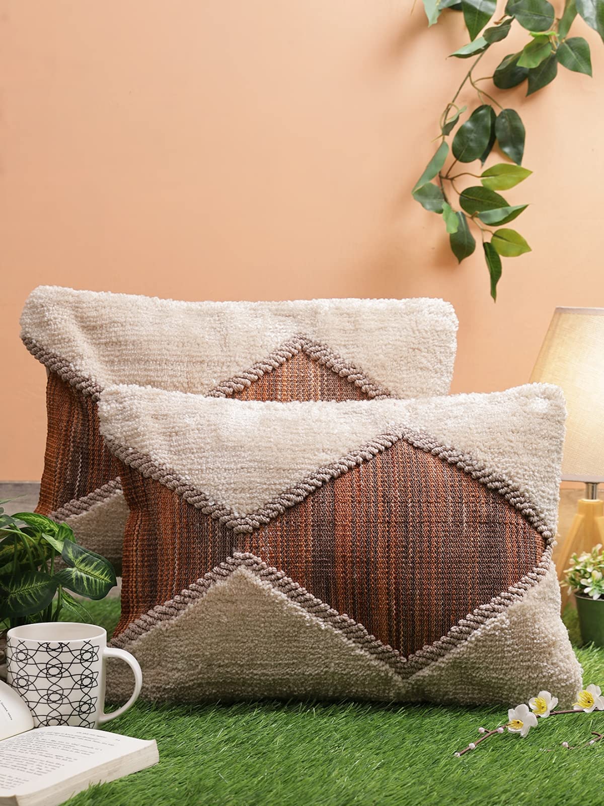 ROMEE Cotton Tufted Pillow Cushion Cover Hand Woven, Geometric Pattern for Living Room, Sofa Chair (12 X 18 Inches, Off White & Brown, Pack of 2)