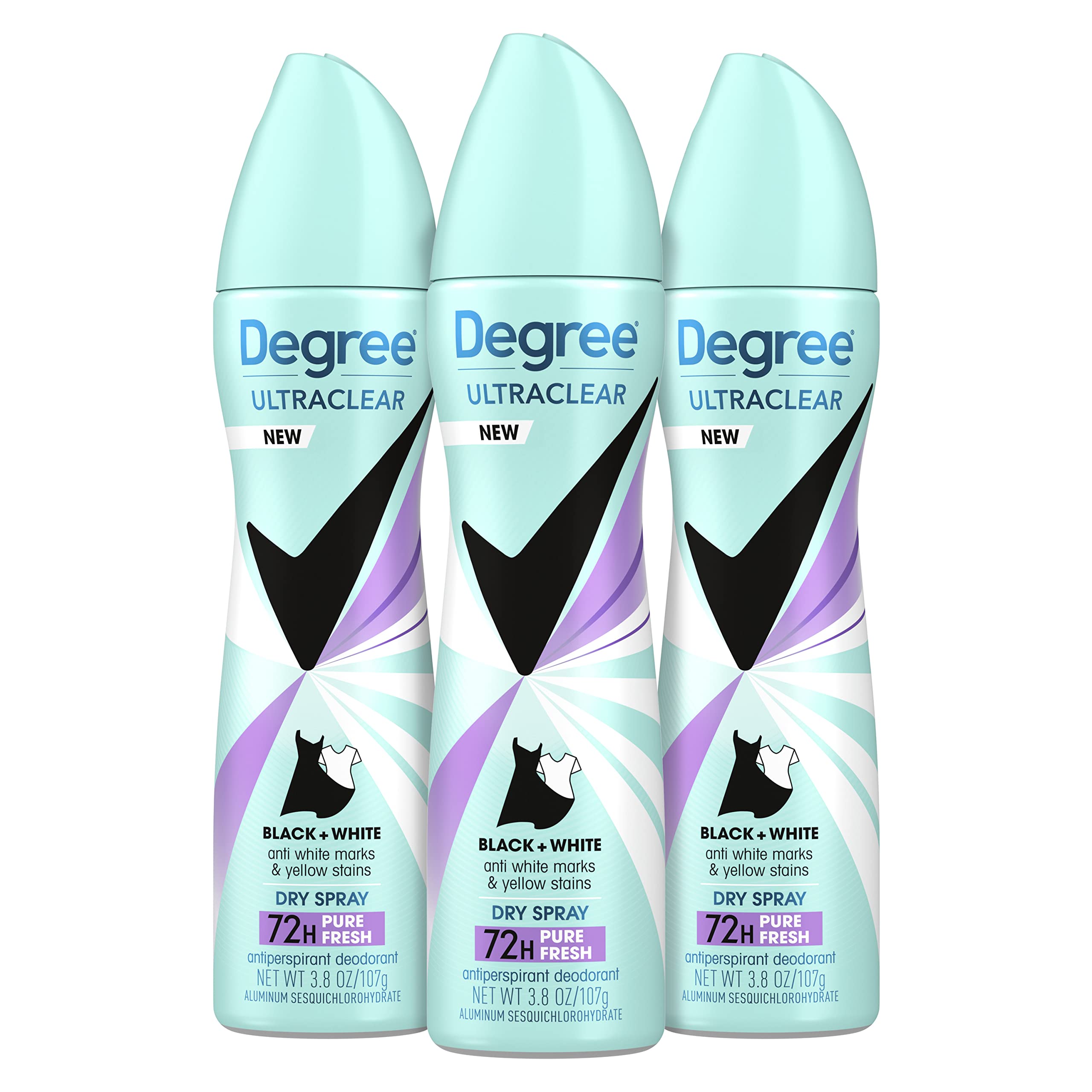 Degree Antiperspirant Dry Spray Pure Fresh 3 Count Anti White Marks and Yellow Stains Deodorant for Women 3.8 oz