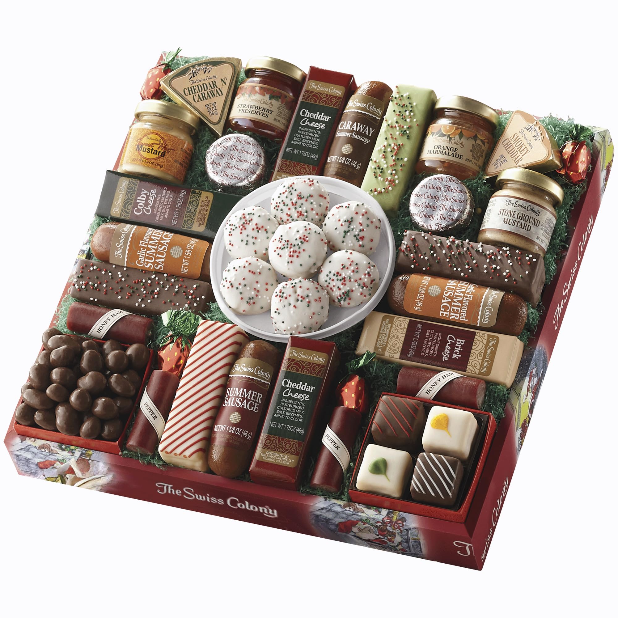 The Swiss Colony 27 Favorites Food Gift Set, Summer Sausage Meats and Cheeses, Assorted Chocolates, Candies, Petits Fours, Gift Basket, Cheese & Charcuterie Gifts, Cheese for Charcuterie Board, Holiday, Christmas, Thank You Gifts, Adults, Women, Men - Holiday Red Box