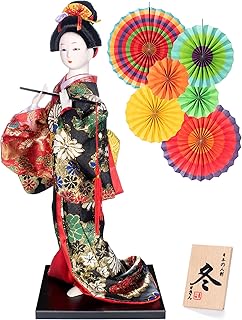 ALAMIYA Home Decoration Asian Japanese Geisha Kimono Doll Collectible Figurine Gift with Paper Fan