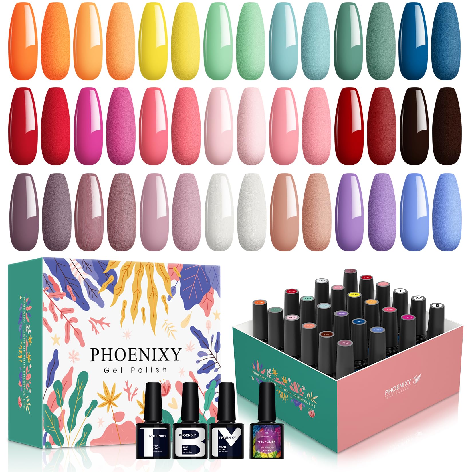 PHOENIXYGel Nail Polish Set, 24 Pieces, 8 ml, 21 Colours Soak Off Gel Nail Polish Nail Varnish with Glossy Matte Base Coat Top Coat , Gel Nail Kit for Manicure