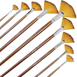 Artist Fan Paint Brushes Set 9pcs - Soft Anti-Shedding Nylon Hair Wood Long Handle Paint Brush Set for Acrylic Watercolor ...