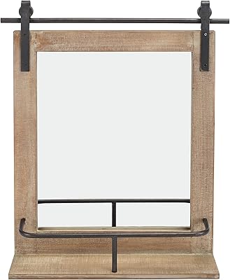 Danya B. Rustic Industrial Wood-Framed Wall Mount Barn Door Vanity Mirror with Shelf and Iron Hardware - Decorative Rectangle Rustic Bathroom Mirror