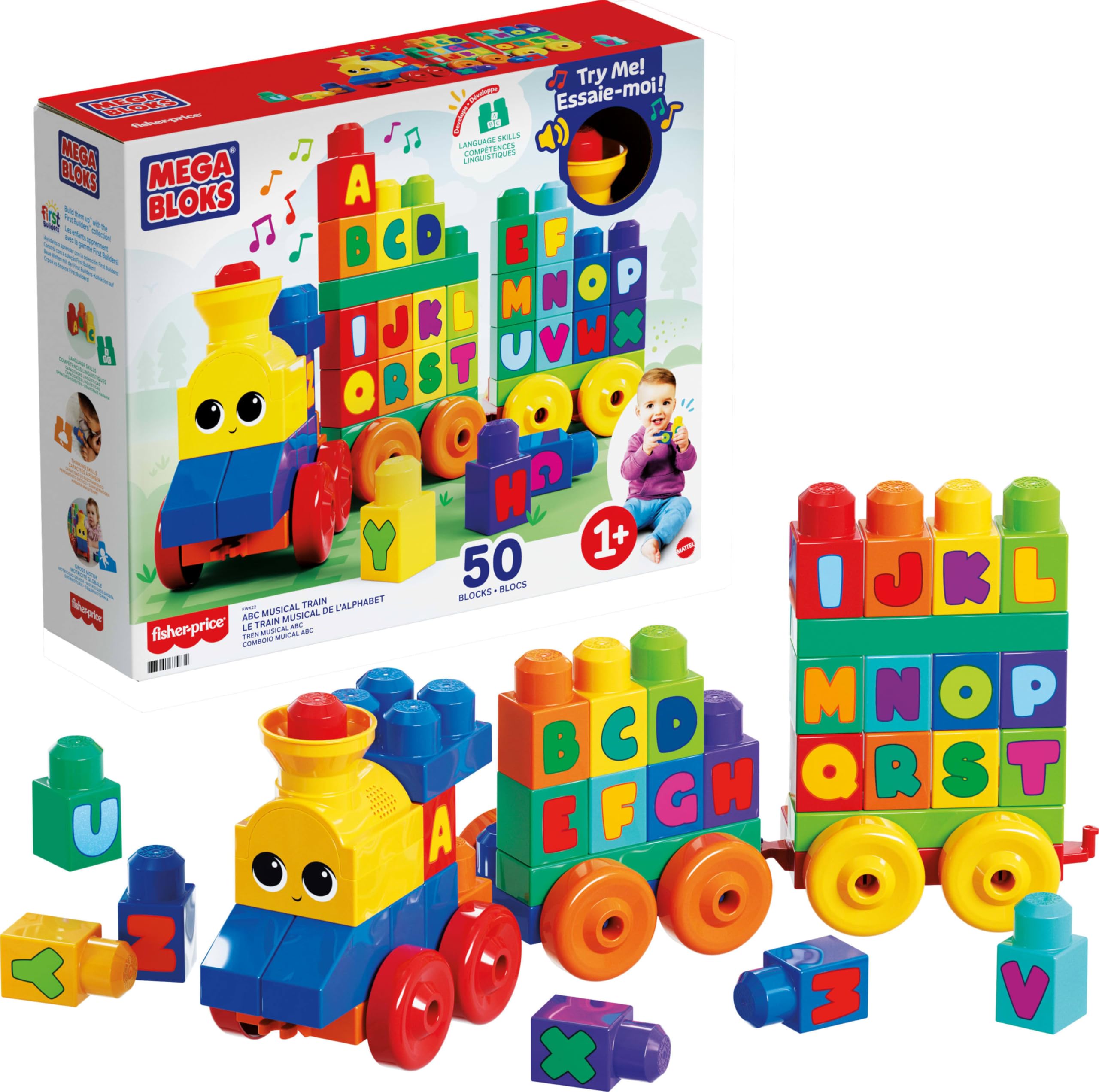 MEGA BLOKS First Builders Toddler Building Blocks Toy Set, ABC Musical Train with 50 Pieces, Music and Sounds, Ages 1+ Years