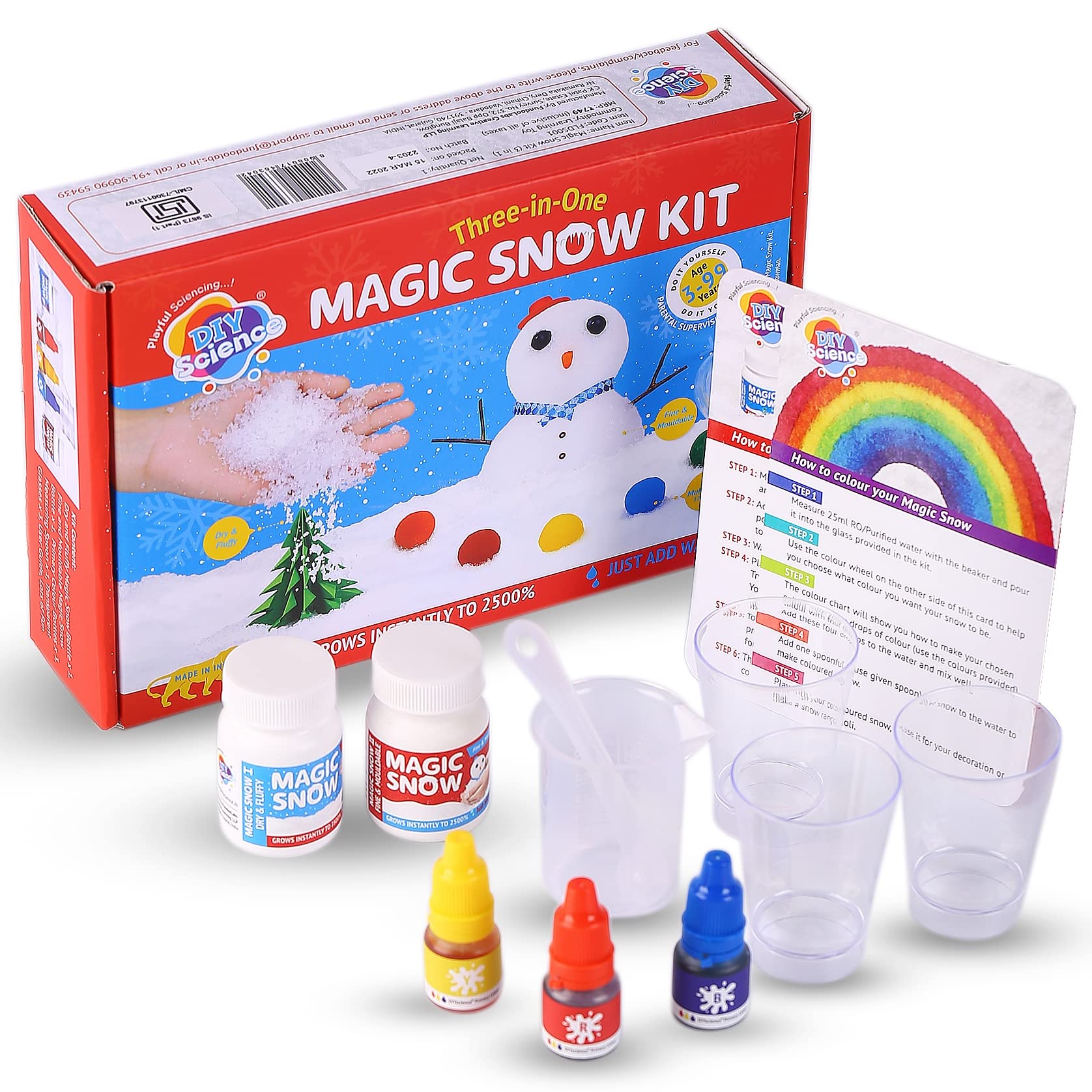 DIYScience® Magic Snow Kit (3-in-1), 3-99 Yrs, Instant Snow, Magically Grows to 2500%, Dry & Fluffy, Fine & Moldable, Colorful Snow 12+ Colors, Make Snowman, Christmas Decoration, Safe for Kids