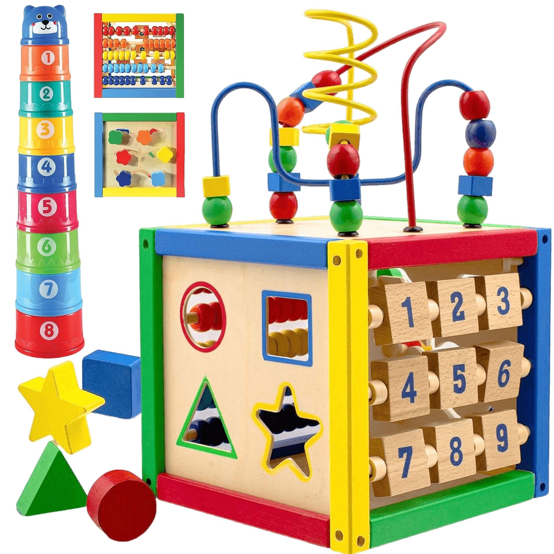 Wooden Activity Play Cube 6 in-1 for Baby with Removable Bead Maze, Shape Sorter, Abacus Counting Beads & Numbers, Sliding Shapes, 8Pcs Stacking Cups – Play22