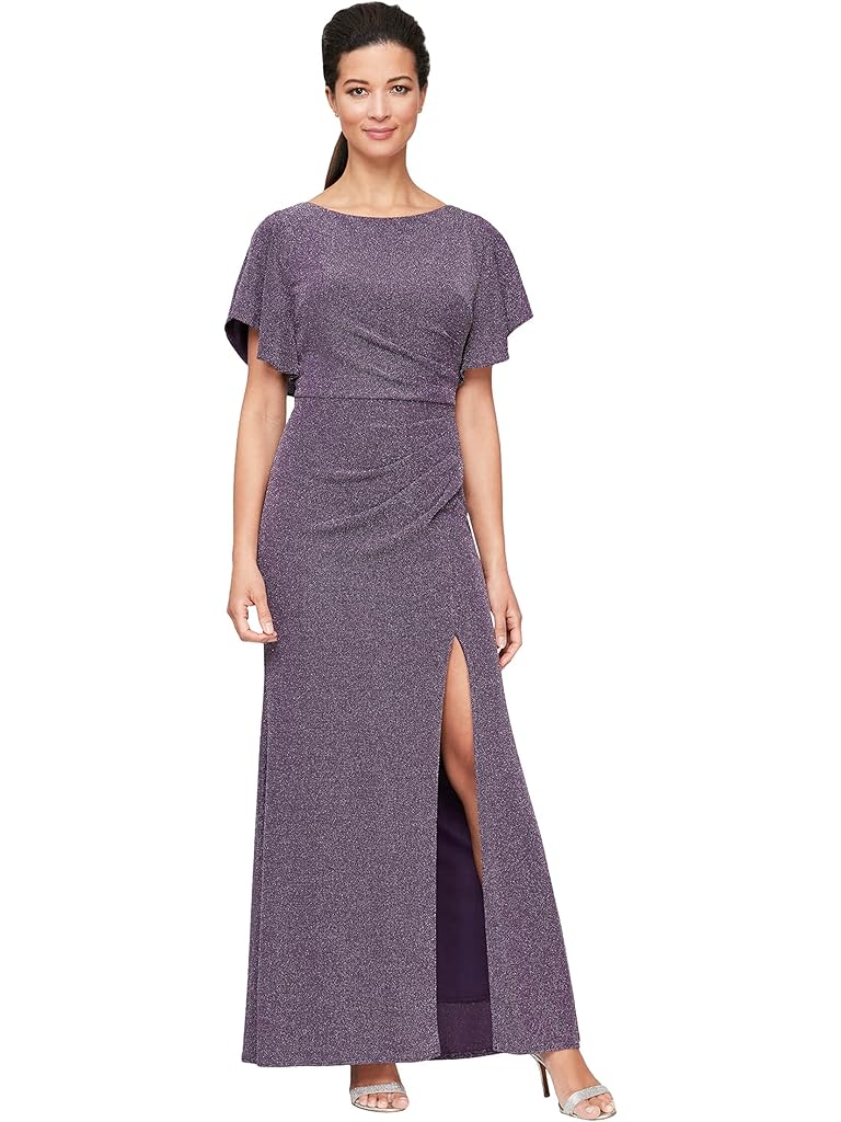 Alex Evenings Long Flutter Sleeve Dress with Ruche Waist Detail and Front Slit