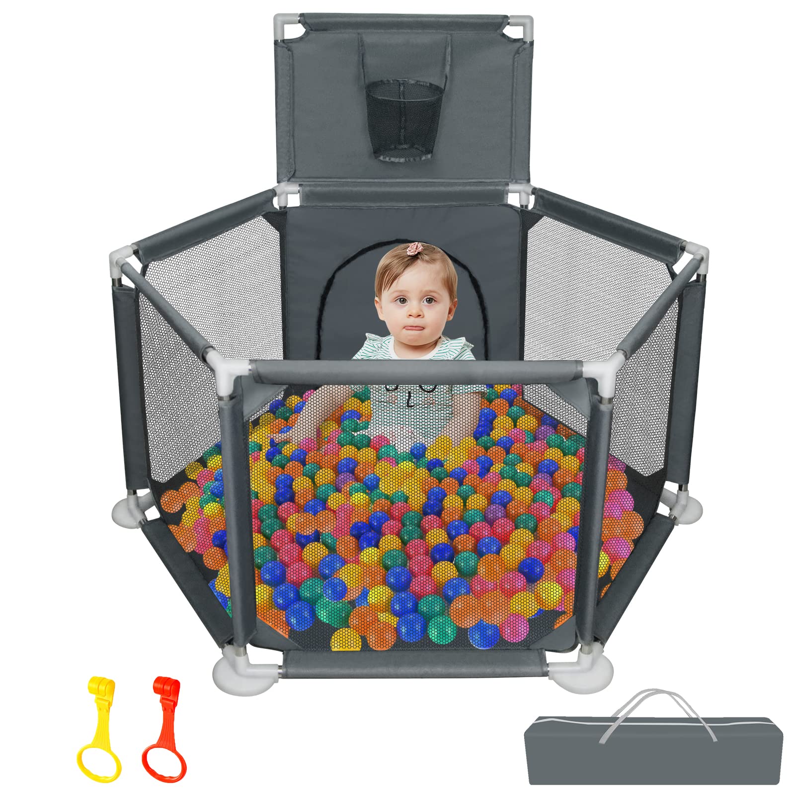 Ball Pit for Babies and Toddlers, Portable Ball Pit Balls with Gate for Indoor & Outdoor Playpen with Breathable Mesh, Anti-Slip Base, Infant Playard with Basketball Hoop, Gray(Not Includes Balls)