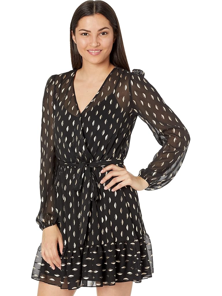 Betsy & Adam Short Long Sleeve Chiffon Clip Dot w/ Tie Belt