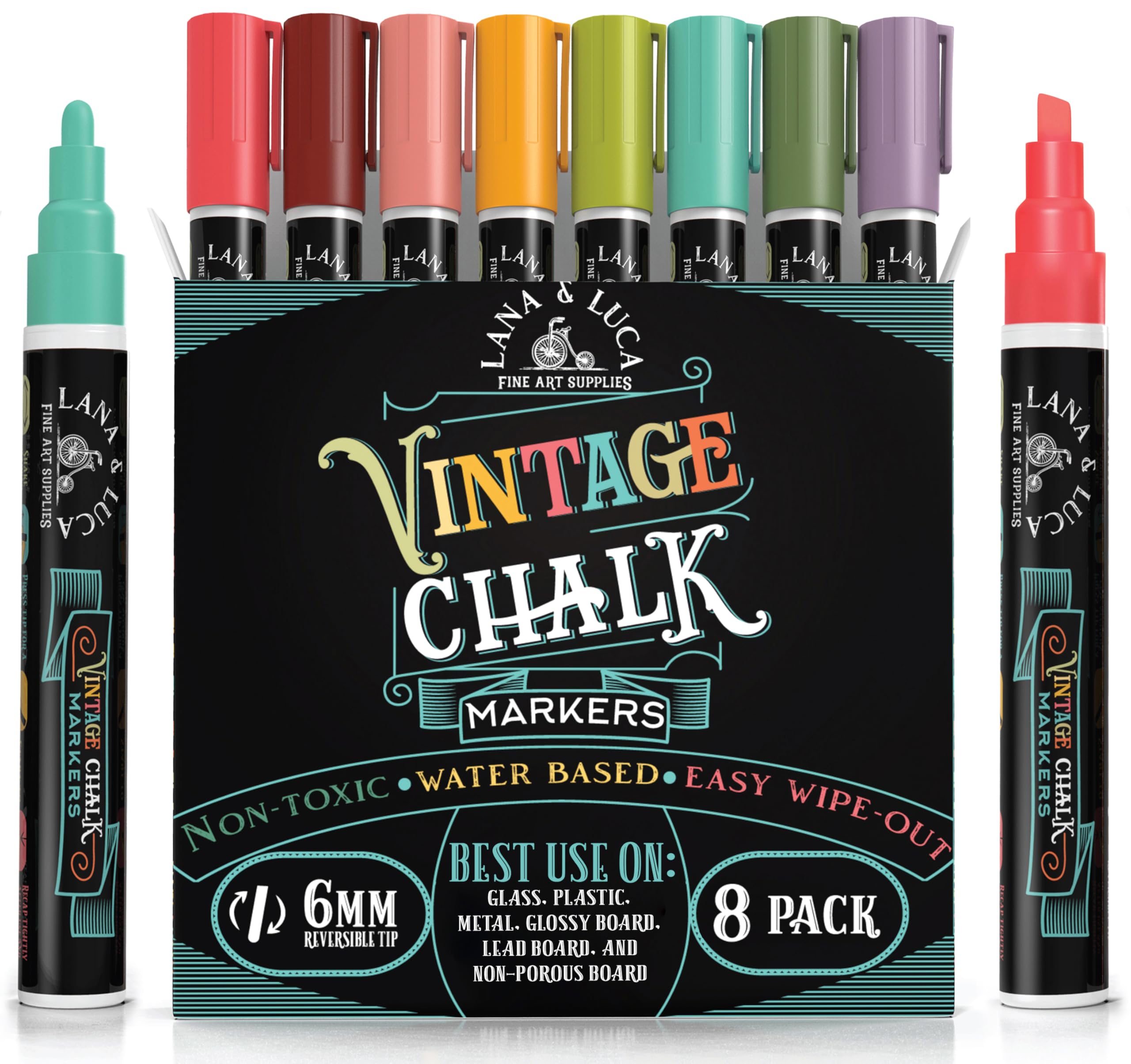 LANA & LUCA Liquid Chalk Markers - Wet Erase Marker Pens - for Chalkboards Signs, Windows, Blackboard, Glass - 6mm Reversible Tip (8 Pack) - Vintage Colors Multicolor