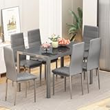 Recaceik&comma; 7 Piece Kitchen 6 Person&comma; Tempered Glass Table and PU Leather Chairs Modern Dining Room Sets for Small Space&comma; Grey