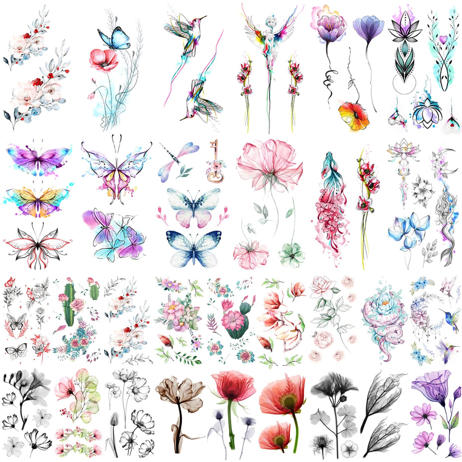 Glaryyears Flower Temporary Tattoos for Women Girls, 30-Pack Variety Pack Small Floral Fake Tattoos Stickers, Sexy Realistic Tattoos of Blossom Rose Lavender Butterfly on Arm Wrist Back Body